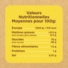 Informations nutritionnelles pour 100g d'un produit alimentaire, incluant l'énergie, les matières grasses, les glucides, les fibres, les protéines et la teneur en sel.