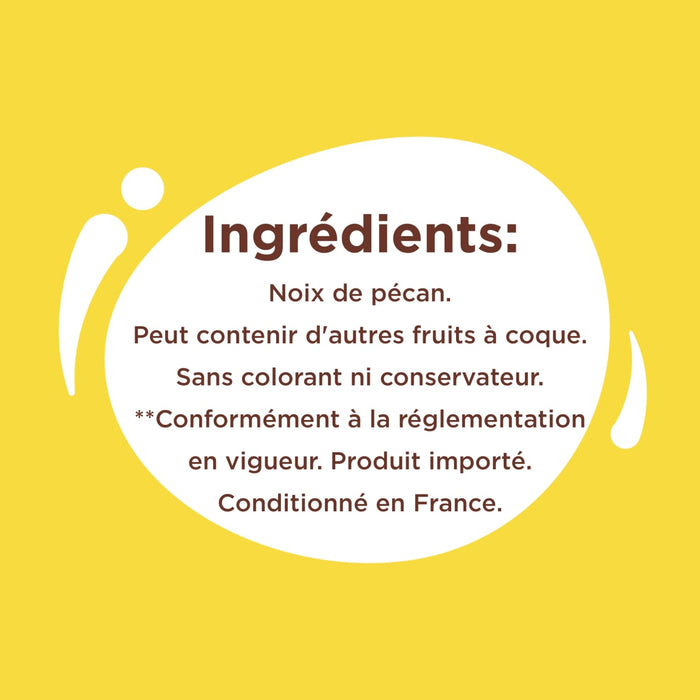 L'image montre la liste des ingrédients d'un produit, qui comprend des noix de pécan et une clause de non-responsabilité concernant d'éventuelles traces d'autres fruits à coque, sans colorants ni conservateurs.