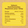 L'image montre un tableau des valeurs nutritionnelles moyennes pour 100g, incluant l'énergie, les matières grasses, les glucides, les fibres alimentaires, les protéines et le sel.
