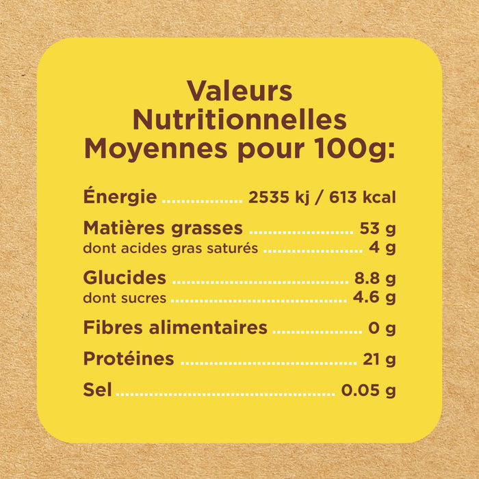Étiquette d'information nutritionnelle indiquant les valeurs pour 100g, incluant l'énergie, les matières grasses, les glucides, les fibres, les protéines et le sel.