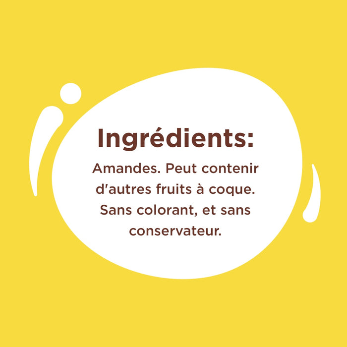 L'image montre la liste des ingrédients d'un produit, qui comprend des amandes et peut contenir d'autres fruits à coque, sans colorant ni conservateur.