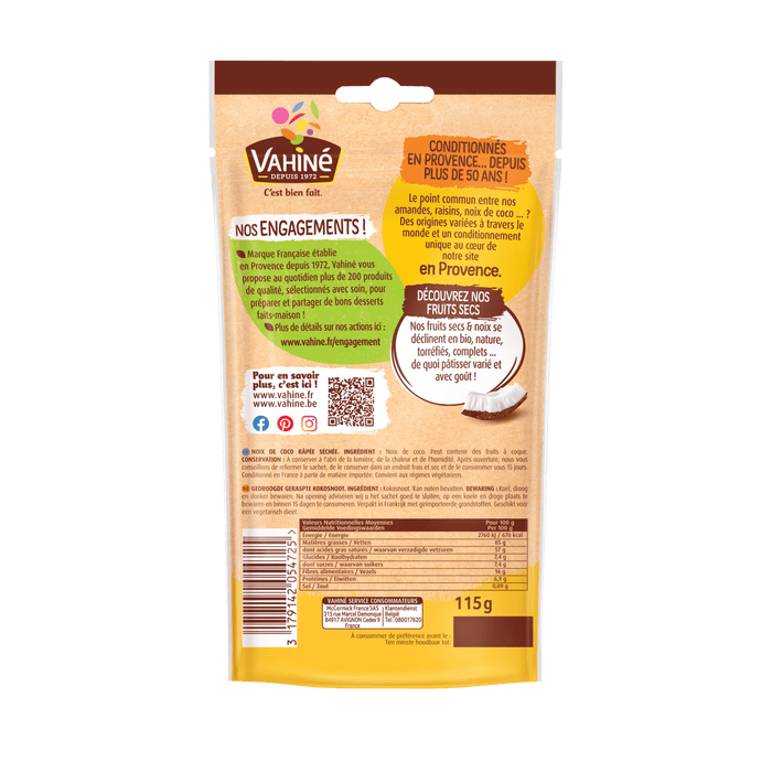 L'image montre le dos d'un paquet de bonbons A? la noix de coco Mombis avec des informations nutritionnelles et les ingrACdients.