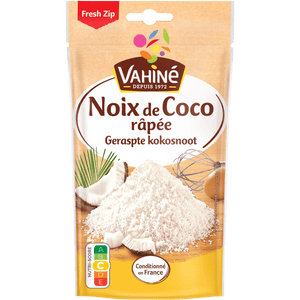 Un paquet de Vahine Noix de Coco râpée, ou noix de coco râpée, est présenté.