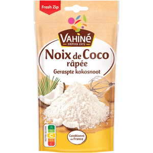 Un paquet de Vahine Noix de Coco râpée, ou noix de coco râpée, est présenté.
