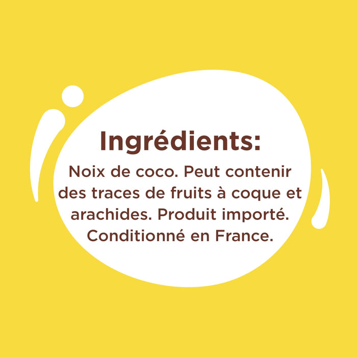L'image montre les ingrédients d'un produit, qui comprennent de la noix de coco et peut contenir des traces de fruits à coque et d'arachides, et il est importé et conditionné en France.