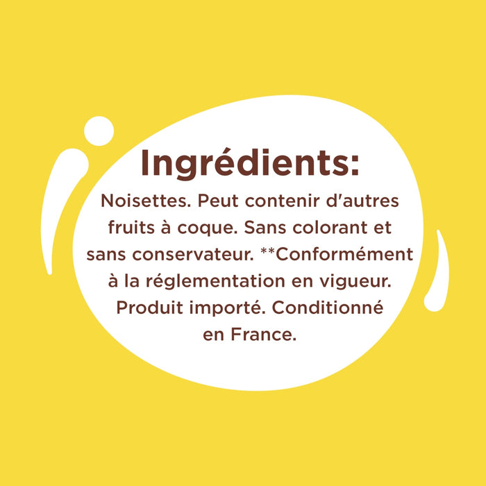 L'image montre la liste des ingrédients, qui comprend la noisette et un avertissement indiquant qu'elle peut contenir d'autres fruits à coque.