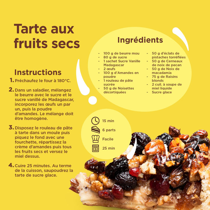 Recette d'une tarte aux fruits secs avec la liste des ingrédients et les instructions.