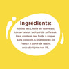 L'image énumère les ingrédients d'un produit, notamment des raisins secs, de l'huile de tournesol et un conservateur, et indique qu'il peut contenir des traces de fruits à coque.