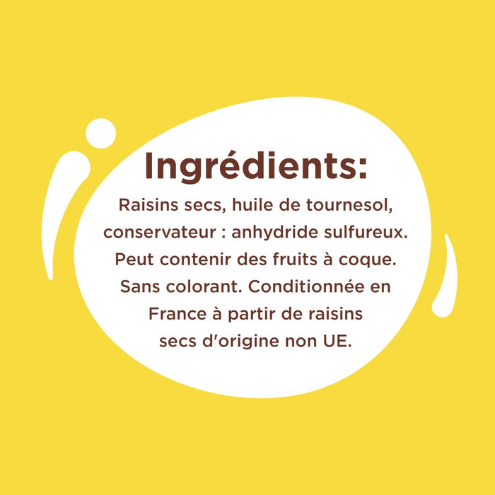 L'image énumère les ingrédients d'un produit, notamment des raisins secs, de l'huile de tournesol et un conservateur, et indique qu'il peut contenir des traces de fruits à coque.