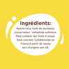 L'image énumère les ingrédients d'un produit, notamment des raisins secs, de l'huile de tournesol et un conservateur, et indique qu'il peut contenir des traces de fruits à coque.