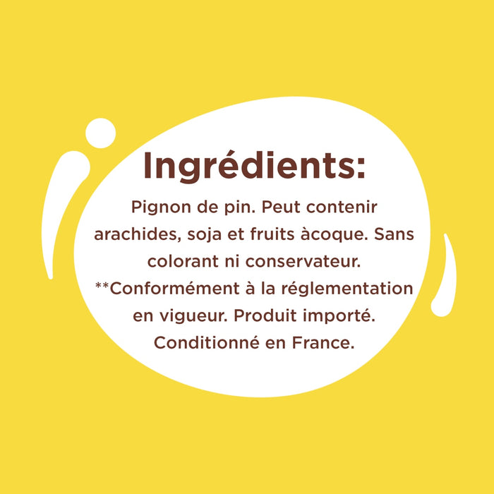 L'image montre la liste des ingrédients d'un produit, qui comprend des pignons de pin et peut contenir des arachides, du soja et des fruits à coque.