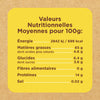 L'image montre un tableau des valeurs nutritionnelles moyennes pour 100g, incluant l'énergie, les matières grasses, les glucides, les fibres, les protéines et le sel.
