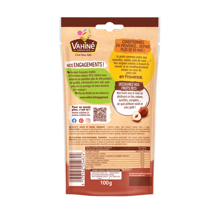 Le dos d'un paquet de pActe A? tartiner aux noisettes Momenti est prACsentAC, dACtaillant les ingrACdients et les informations nutritionnelles.