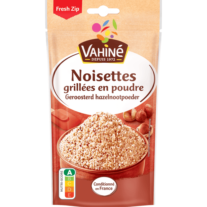 Un paquet de noisettes grillées en poudre de la marque Vahiné est présenté.