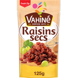 Un paquet de Raisins secs de la marque Vahiné, présentant le produit et son poids de 125g.