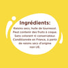 L'image affiche la liste des ingrédients d'un produit, qui comprend des raisins secs, de l'huile de tournesol et un avertissement indiquant qu'il peut contenir des fruits à coque.
