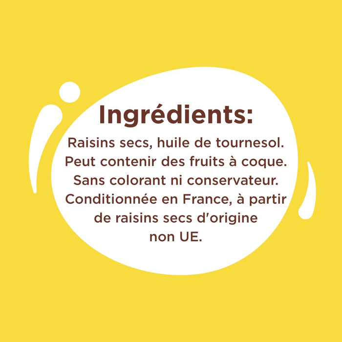 L'image affiche la liste des ingrédients d'un produit, qui comprend des raisins secs, de l'huile de tournesol et un avertissement indiquant qu'il peut contenir des fruits à coque.