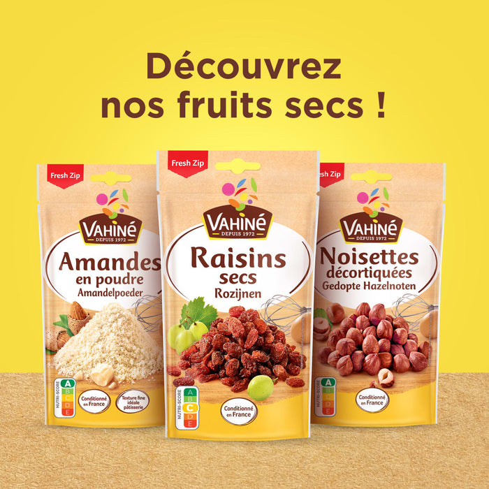 Une image promotionnelle pour les fruits secs Vahiné, présentant des amandes, des raisins secs et des noisettes.