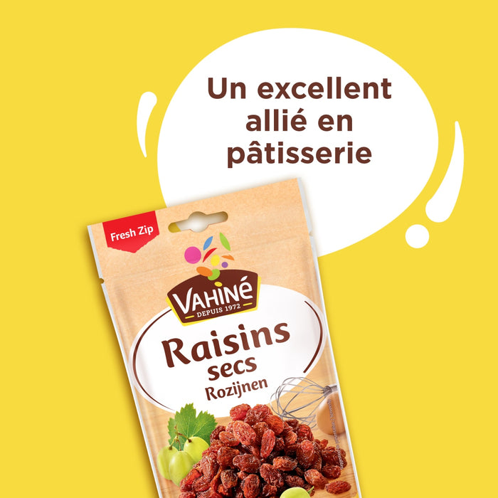 Paquet de raisins secs Vahiné, présenté comme un excellent allié en pâtisserie.