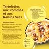 Fiche de recette pour des tartelettes aux pommes et aux raisins secs avec les ingrédients et les instructions.