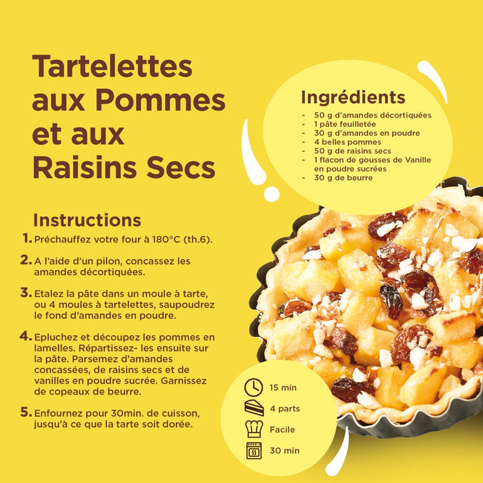 Fiche de recette pour des tartelettes aux pommes et aux raisins secs avec les ingrédients et les instructions.