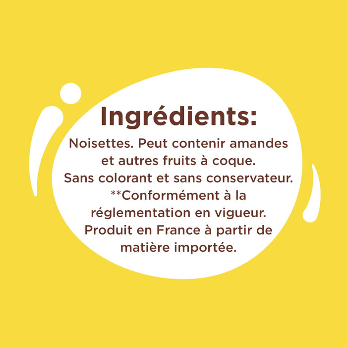 L'image montre la liste des ingrédients d'un produit, qui comprend des noisettes et un avertissement concernant d'éventuelles traces d'autres fruits à coque, et indique qu'il est fabriqué en France à partir de matières importées.
