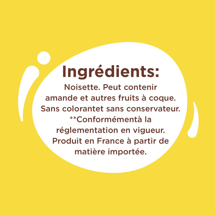 L'image montre la liste des ingrédients d'un produit alimentaire, qui comprend des noisettes et peut contenir des amandes et d'autres fruits à coque.