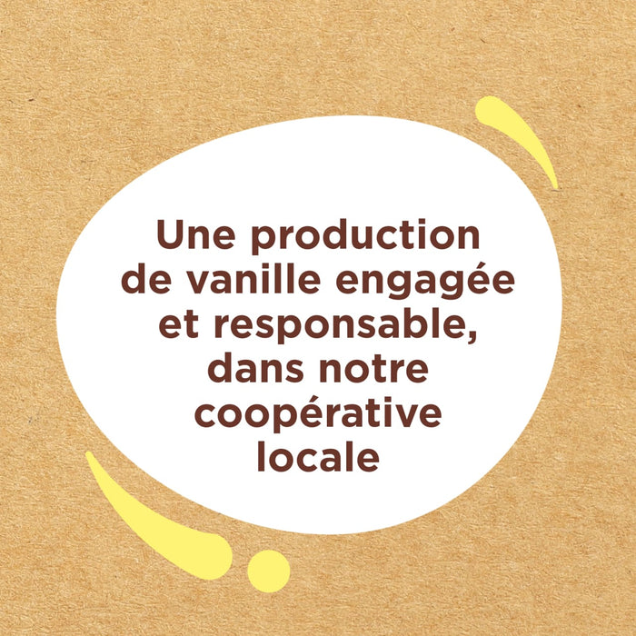 L'image met en avant un engagement pour une production de vanille responsable au sein d'une coopACrative locale.