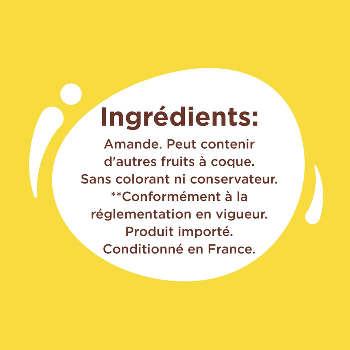 L'image montre la liste des ingrédients d'un produit, qui comprend des amandes et peut contenir d'autres fruits à coque, sans colorant ni conservateur, et il est importé et conditionné en France.