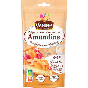 Un paquet de préparation pour dessert Vahiné Amandine est présenté, suggérant une façon rapide et facile de réaliser un dessert à l'amande.