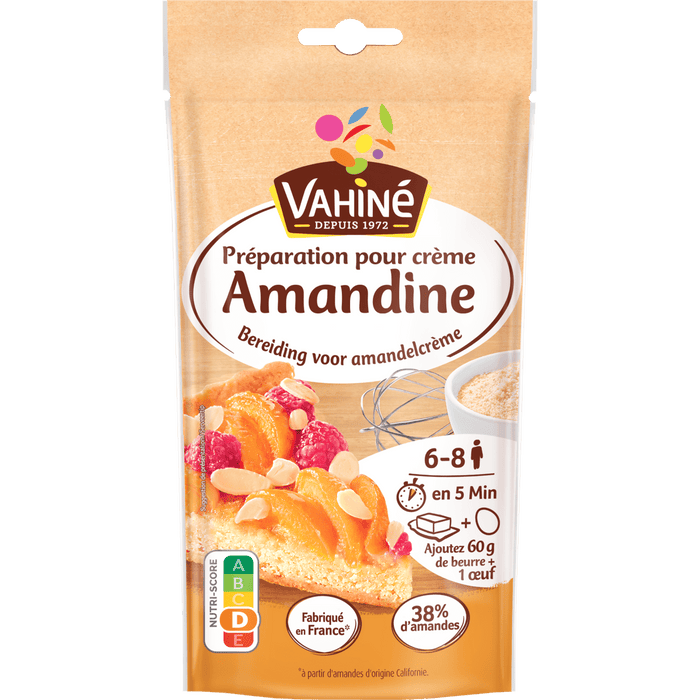 Un paquet de préparation pour dessert Vahiné Amandine est présenté, suggérant une façon rapide et facile de réaliser un dessert à l'amande.