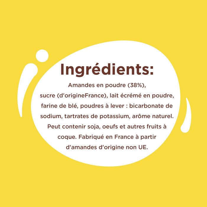 L'image montre une liste d'ingrédients pour un produit alimentaire, comprenant des amandes, du sucre, du lait en poudre et de la farine, et indique qu'il peut contenir des œufs et des fruits à coque.