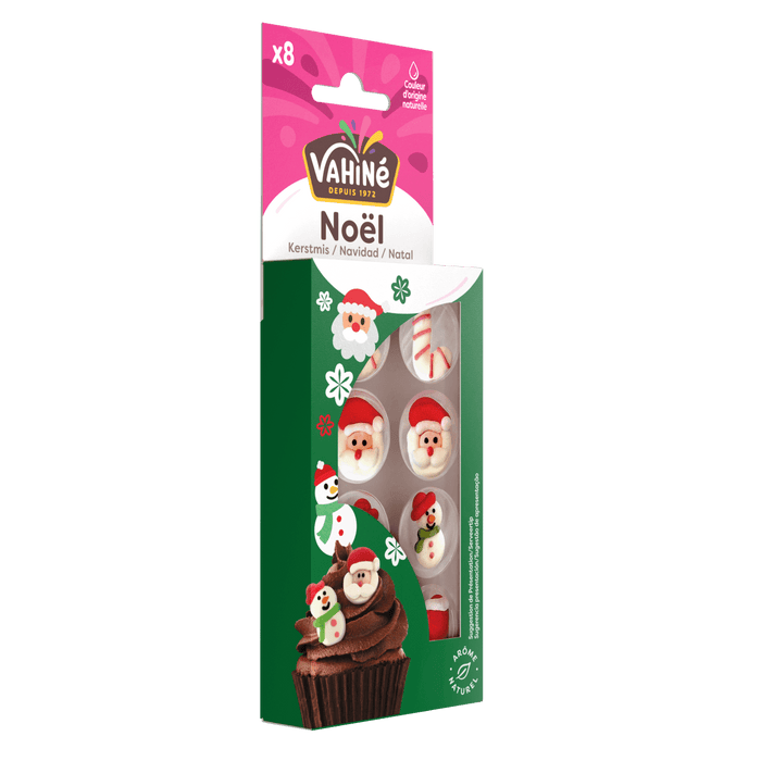 Un kit de dACcoration pour pActisserie VahinAC NoA<l avec des motifs de PA?re NoA<l et de NoA<l pour les cupcakes.