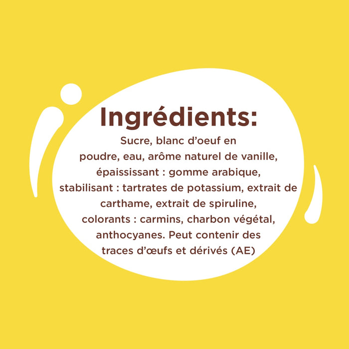 L'image énumère les ingrédients d'un produit alimentaire, notamment du sucre, du blanc d'œuf en poudre, un arôme naturel de vanille et de l'extrait de spiruline.