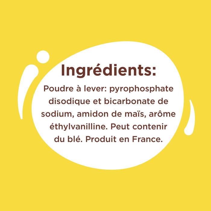 L'image montre la liste des ingrédients d'une poudre à pâte, incluant le pyrophosphate disodique, le bicarbonate de sodium, l'amidon de maïs et l'éthylvanilline, et note qu'elle peut contenir du blé et est produite en France.