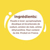 L'image montre la liste des ingrédients d'une poudre à pâte, incluant le pyrophosphate disodique, le bicarbonate de sodium, l'amidon de maïs et l'éthylvanilline, et note qu'elle peut contenir du blé et est produite en France.