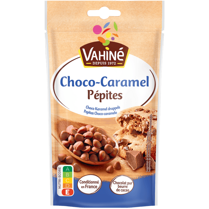 Un paquet de Vahiné Choco-Caramel Pépites, une marque de McCormick, est présenté.