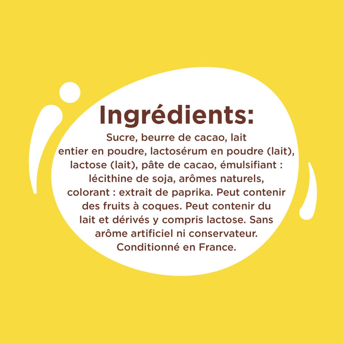 L'image affiche une liste d'ingrédients pour un produit alimentaire, notamment du sucre, du beurre de cacao, du lait et du lactose.