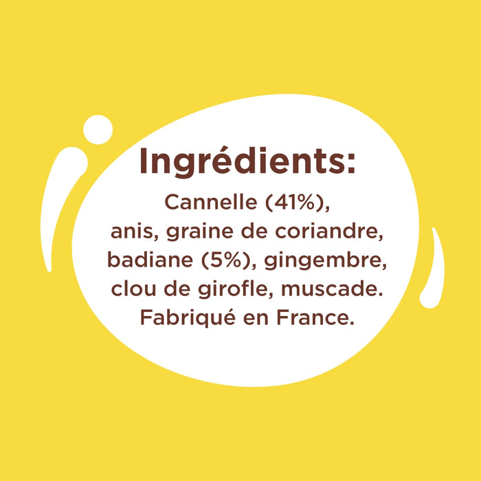 L'image montre une liste d'ingrédients comprenant de la cannelle, de l'anis, des graines de coriandre, de la badiane, du gingembre, du clou de girofle et de la muscade, et indique que le produit est fabriqué en France.