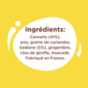 L'image montre une liste d'ingrédients comprenant de la cannelle, de l'anis, des graines de coriandre, de la badiane, du gingembre, du clou de girofle et de la muscade, et indique que le produit est fabriqué en France.