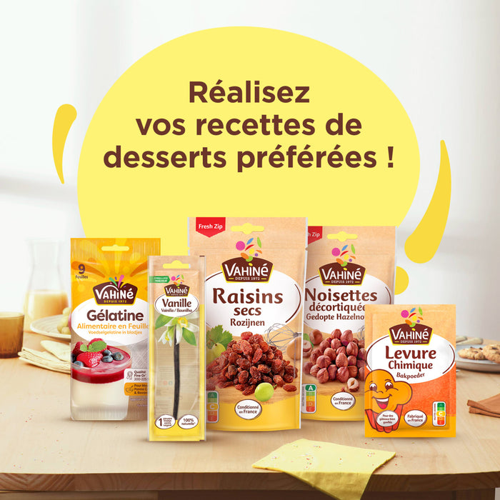 Un assortiment d'ingrACdients de pActisserie VahinAC est prACsentAC avec le texte RACalisez vos recettes de desserts prACfACrACes.