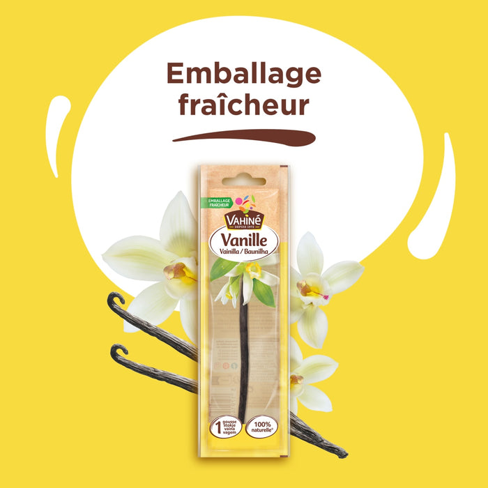 Un emballage de Vanille Sainte Lucie est prACsentAC sur un fond de fleurs et de gousses de vanille, soulignant sa fraARcheur.