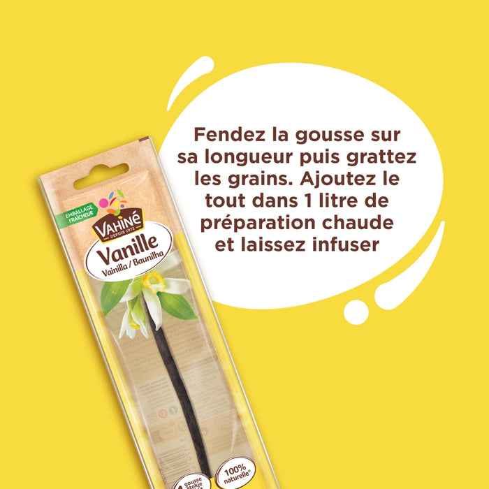 L'image montre un emballage de Vanille Sainte Lucie avec des instructions sur la faA?on de l'utiliser dans une prACparation chaude.