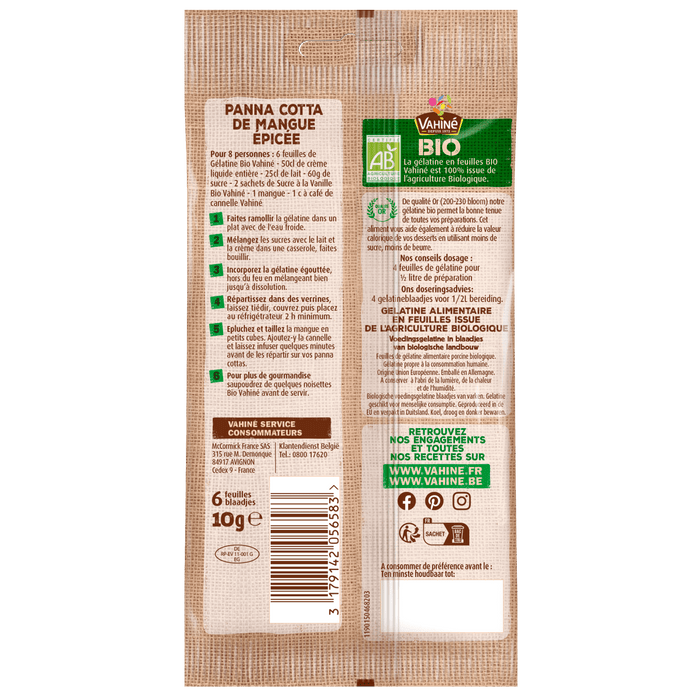 Dos d'un paquet d'ACpices biologiques Alnatura avec des informations sur le produit et ses certifications.