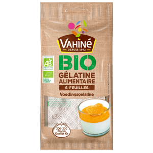 Un paquet de VahinAC Bio GAClatine Alimentaire est prACsentAC, mettant en ACvidence sa certification biologique et une suggestion de dessert.
