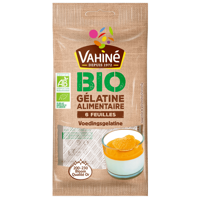 Un paquet de VahinAC Bio GAClatine Alimentaire est prACsentAC, mettant en ACvidence sa certification biologique et une suggestion de dessert.