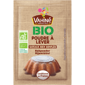 Paquet de levure chimique Vahiné BIO avec une image d'un gâteau.