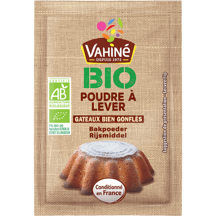 Paquet de levure chimique Vahiné BIO avec une image d'un gâteau.