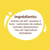 L'image affiche une liste d'ingrédients comprenant de l'amidon de blé, des carbonates de sodium et des tartrates de depotassium, avec une note indiquant qu'il est issu de l'agriculture biologique.