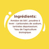 L'image affiche une liste d'ingrédients comprenant de l'amidon de blé, des carbonates de sodium et des tartrates de depotassium, avec une note indiquant qu'il est issu de l'agriculture biologique.